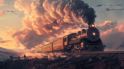 A majestic steam locomotive chugging along a railway track, with thick plumes of smoke billowing into the sky.