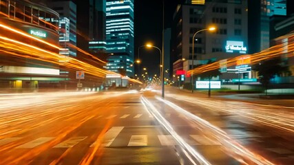 Abstract light trails from city traffic at night, creating vibrant patterns of yellow, orange, and blue.
