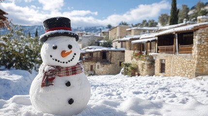 Obraz premium Cheerful Snowman Spreading Holiday Magic in a Snowy Cypriot Village