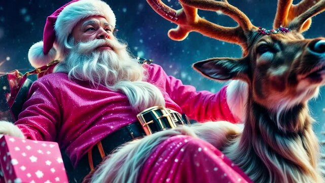Stylish and cool Santa Claus with Christmas deer and holiday gifts