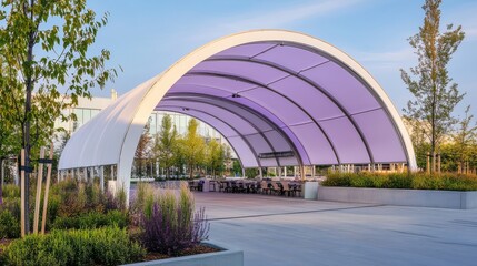 Obraz premium Modern Architectural Canopy: A contemporary outdoor space with a stunning arched canopy, featuring a translucent purple roof and a sleek white frame.