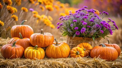 Autumn harvest of pumpkins on dry grass with purple flowers in background, harvest, autumn, pumpkins, dry grass, purple flowers
