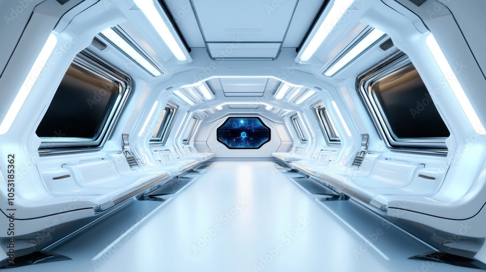 Poster Interior of a futuristic spaceship with white walls and a screen displaying data