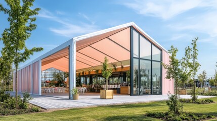 Fototapeta premium A modern industrial hangar tent with a pyramid-shaped roof design, featuring light pastel colors like soft pink and mint green