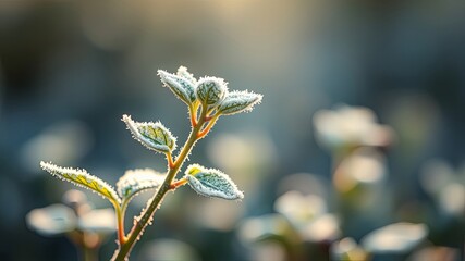 Naklejka premium Delicate frost crystals cling to vibrant green leaves, revealing the subtle beauty of nature's touch.
