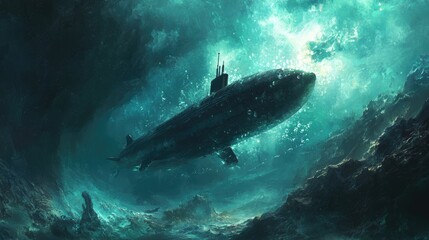 Fototapeta premium A submarine diving into the depths, with bubbles rising from its hull as it descends.