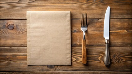 Blank paper menu and fork and knife on rustic wooden table, restaurant, dining, menu, blank space, cutlery