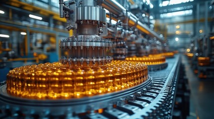 Naklejka premium Automated production line with glass bottles in a factory setting.