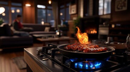 Close up of sausages cooking on a stovetop with a fireplace in the background.