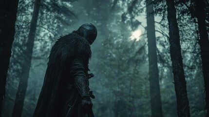 Fototapeta premium A Viking warrior, standing alone at the entrance of a deep forest, his helmet glinting in the moonlight.