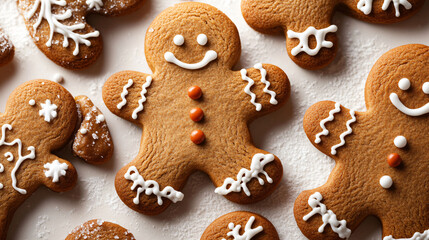 Gingerbread men cookies with icing decorations on a powdered sugar-dusted surface, perfect for festive holiday gatherings and Christmas treats.