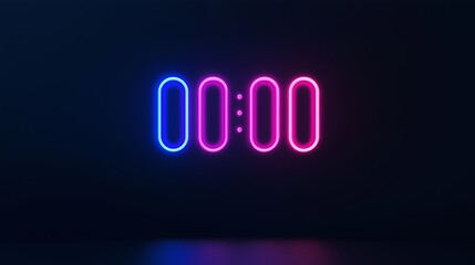 A minimalist depiction of a digital clock displaying "00:00" in soft neon colors against a black background