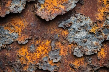 Rusted metal surface with acid corrosion, detailed texture, close-up shot, decay, chemical reaction, vibrant colors, industrial theme, weathered appearance, macro photography, contrast lighting