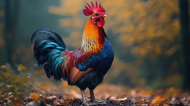 A colorful rooster stands in a forest clearing, with a red comb and wattle, and a bright blue and green tail. - Powered by Adobe
