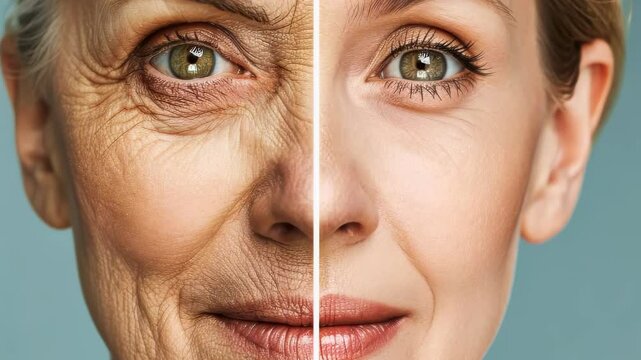 Beauty evolution: visual of groomed and aged facial skin, powerful impact of skincare in achieving youthful glow while embracing the natural process of graceful aging, overall wellness.