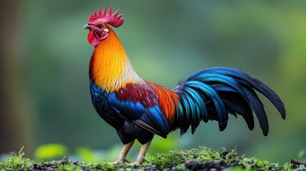 Fototapeta premium A colorful rooster stands proudly in a grassy field with a blurred green background.