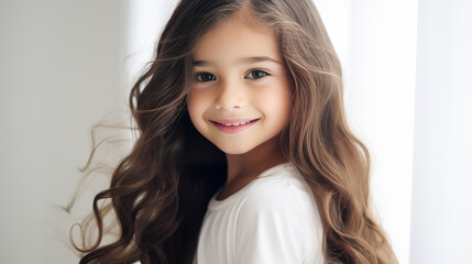 Fototapeta premium Portrait of smiling cute latin american girl child white background banner.