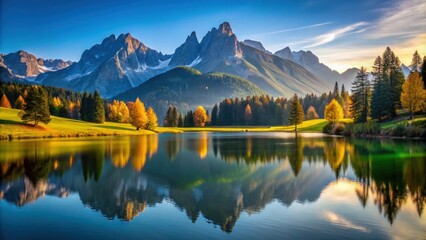 Fototapeta premium Alpine minimalist landscape photo with bright colors, natural authenticity, stunning clarity, Alpine