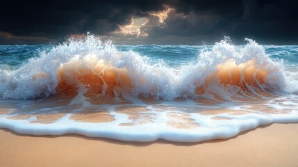 Fototapeta premium Dramatic ocean waves crashing on a sandy beach under stormy skies.