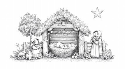 Black and white drawing of the Nativity with baby Jesus, Mary, Joseph, and gentle animals in a cozy rustic hut under a shining star