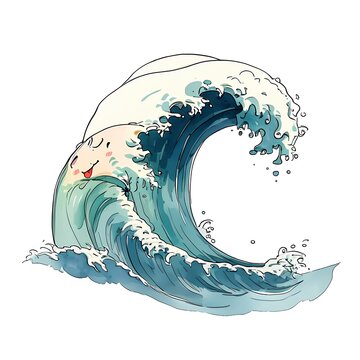 A watercolor of a cartoon A wave with a happy face, perhaps even two or three waves