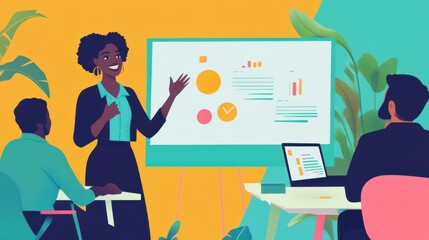 A Black business woman leading a high-energy meeting, with colleagues
