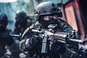 Obraz premium A Chinese soldier in tactical gear prepares to engage in a training exercise, showcasing skills in urban warfare during a military operation