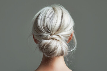 Fototapeta premium Portrait of woman with blonde hair with bun hairstyle on gray background, rear view.