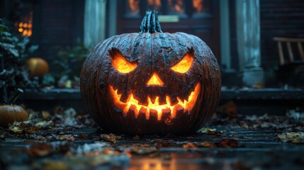 Obraz premium A glowing jack-o'-lantern on a misty Halloween night.