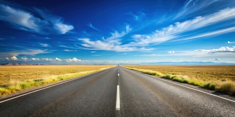 Fototapeta premium Road leading towards the horizon with a clear blue sky, road, horizon, sky, scenic, journey, pathway, destination, adventure