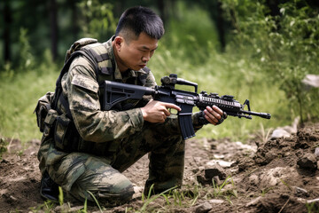 Fototapeta premium Chinese soldier kneeling in a forest while aiming a rifle during military training exercises