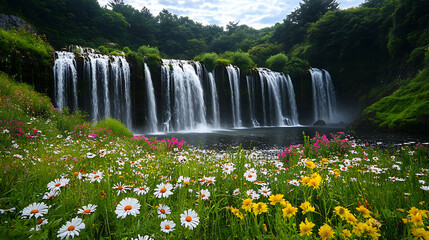 Naklejka premium A panoramic view of a multi-tiered waterfall surrounded by wildflowers in full bloom, showcasing the beauty of summer 