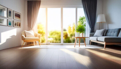 Fototapeta premium Blur living room with nature lighting in the morning for background usage.Blur interior home background concept.Generative AI