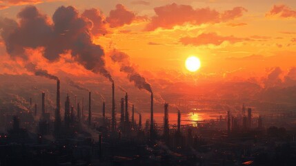 Fototapeta premium ** Industrial Skyline at Sunset with Smokestacks and Vibrant Orange Sky Reflecting Over Water..**