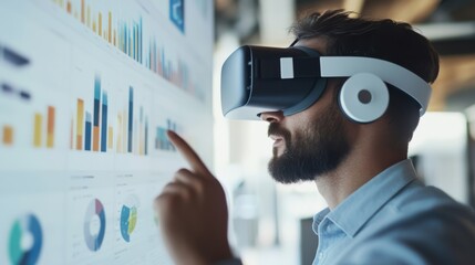 A business leader using a VR headset to explore immersive data analytics models,