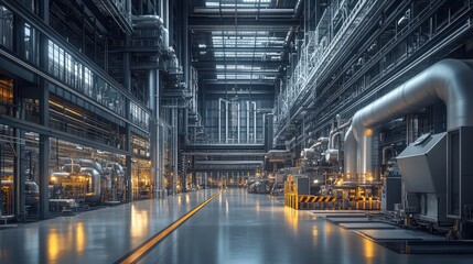 Obraz premium Modern Industrial Factory Interior with Advanced Machinery and High Ceilings Illuminated by Ambient Lighting