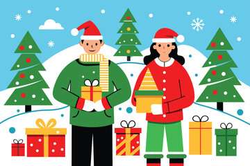 Joyful Christmas background Scene with Couple and Holiday gift box vector illustration.