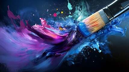 Fototapeta premium A paintbrush with splashes of color floating around in space, symbolizing artistic creativity,