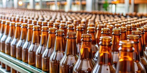 Close up of brown glass bottles in rows at a factory for glass container production, glass, bottle, texture, factory