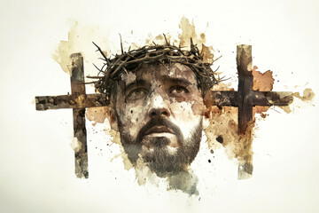 A watercolor illustration of Jesus with a crown of thorns, featuring a reflection of three crosses and silhouettes of wooden crosses on a neutral background
