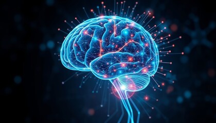 A digital illustration of the human brain, glowing with blue and red light.