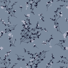 bicolor contour silhouette seamless pattern with flowers and leaves. Abstract floral spring, summer pattern.