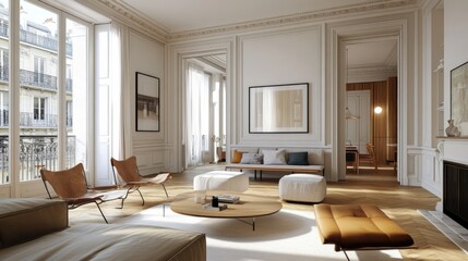 A chic Parisian apartment with Scandinavian interior design, featuring a spacious living