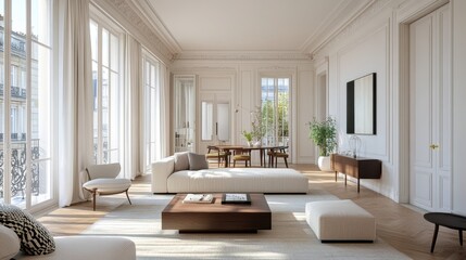 Fototapeta premium A chic Parisian apartment with Scandinavian interior design, featuring a spacious living