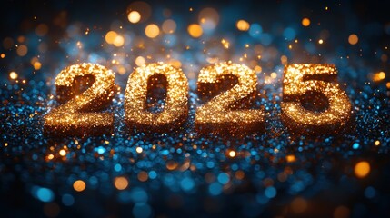 Sparkling gold 2025  on a dark blue background with bokeh lights.