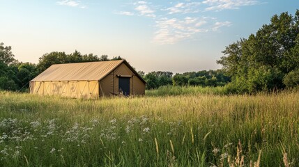 A peaceful brown modular industrial warehouse tent set in a secluded glade, surrounded by tall grass and wildflowers, creating a tranquil environment for creative gatherings and workshops