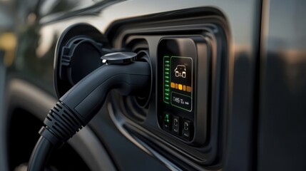 A close-up of a fast-charging connector plugged into an electric vehicle, with a digital