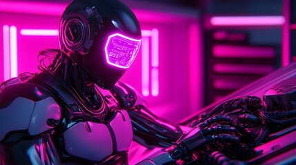 Full Body Robot Technician Repairing Hybrid Engine with Holographic Tools in Dark Neon Lit Garage  Metallic Surfaces Glowing Diagnostics and Sparks Illuminate the Futuristic Workspace