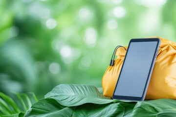 A vibrant tablet rests on a yellow bag surrounded by lush green leaves, perfect for nature-inspired tech imagery.