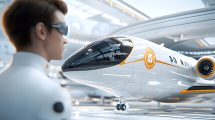 Fototapeta premium Aerospace engineer working on cutting edge design of a hypersonic aircraft utilizing futuristic 3D and digital tools to visualize the advanced engineering and technology